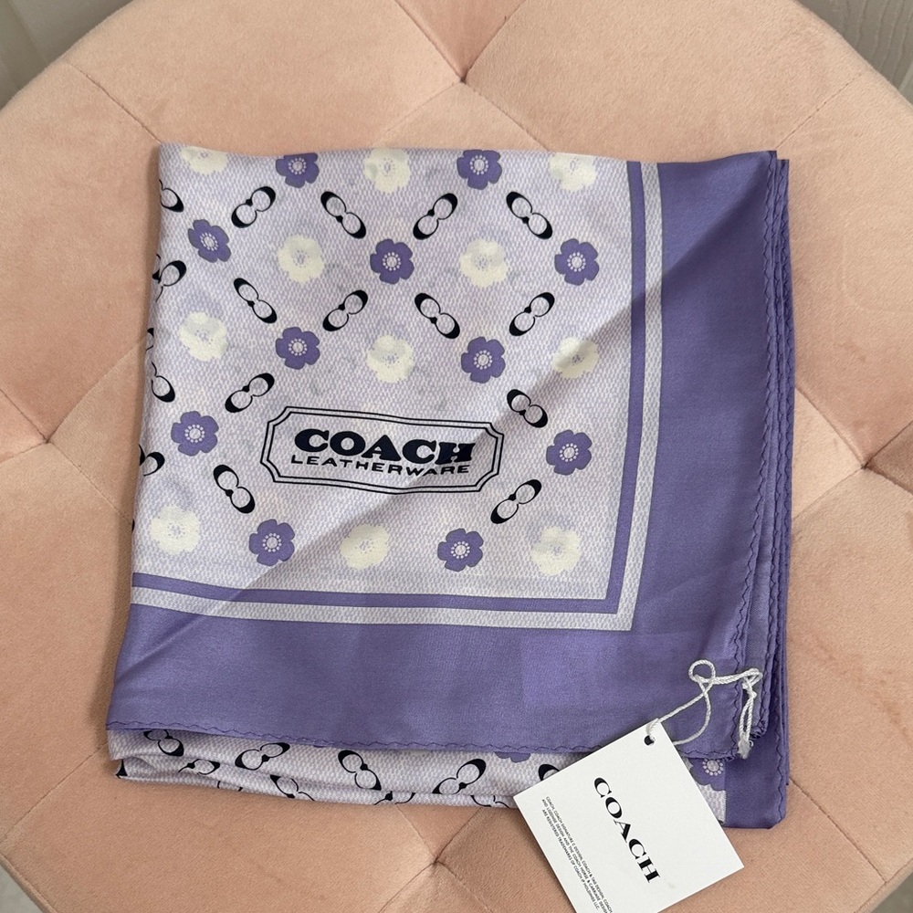Coach Light Violet Tea Rose Large Square Silk Scarf